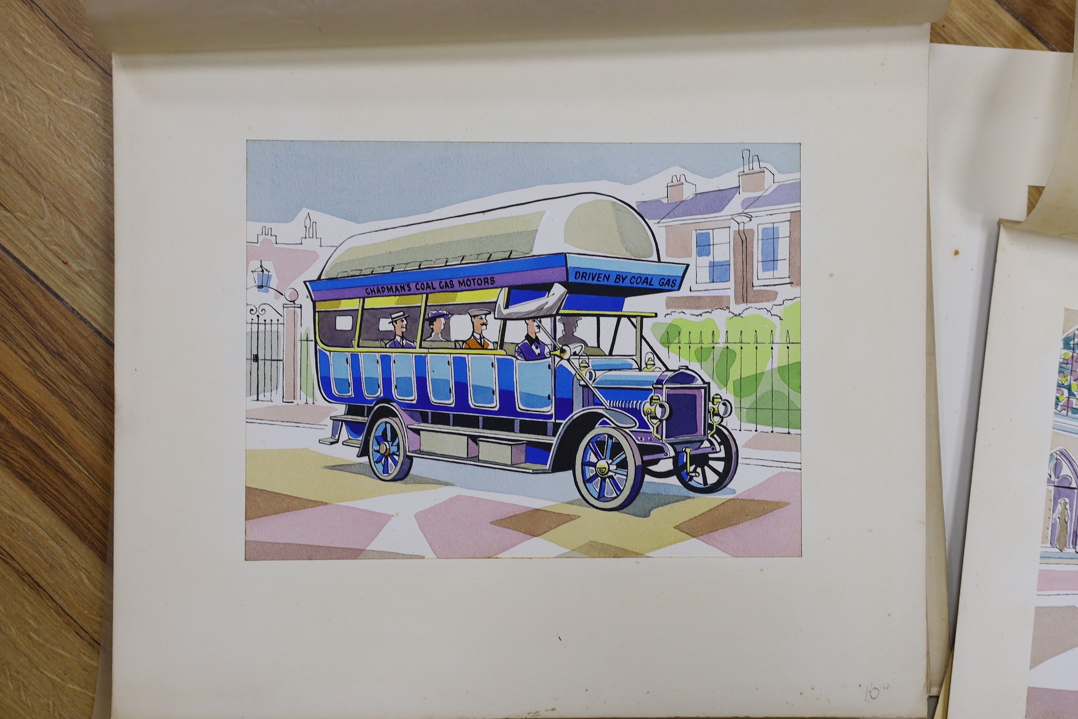 Mid century British School, nine 1950's original gouache and ink illustrations, all of a transport theme including trams, Rolls Royce Silver Ghost and Boer War engineers' car, approx. 15 x 20cm, unframed